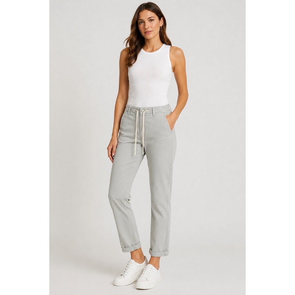 PAIGE Christy Straight Leg Pants 26 Gray Drawstring Stretch Cotton High Rise